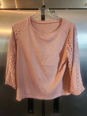 Shein Curve Ribbed Knit Top Plus Size 1XL Blush Crochet Sleeve
